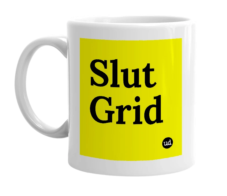 White mug with 'Slut Grid' in bold black letters