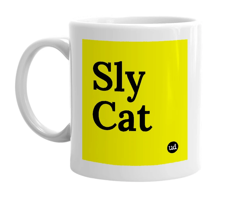 White mug with 'Sly Cat' in bold black letters