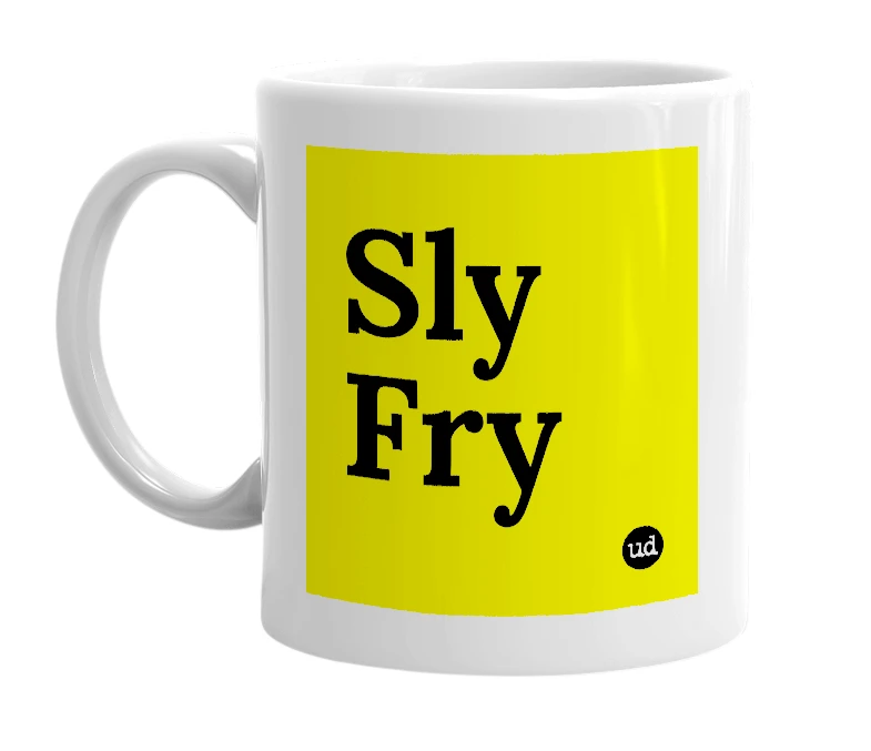 White mug with 'Sly Fry' in bold black letters