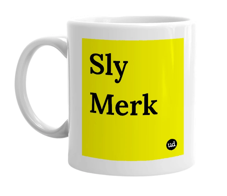 White mug with 'Sly Merk' in bold black letters