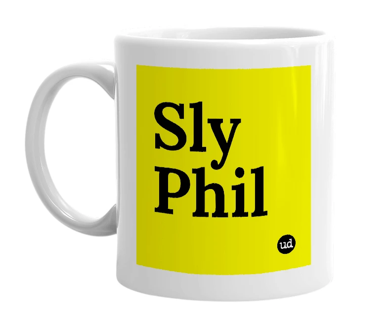 White mug with 'Sly Phil' in bold black letters