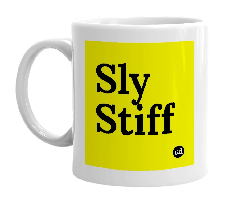 White mug with 'Sly Stiff' in bold black letters