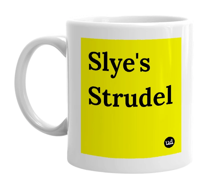 White mug with 'Slye's Strudel' in bold black letters