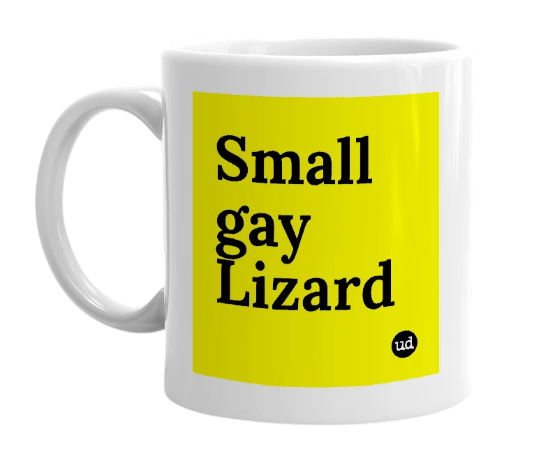 White mug with 'Small gay Lizard' in bold black letters