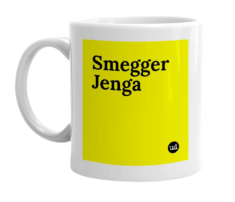 White mug with 'Smegger Jenga' in bold black letters