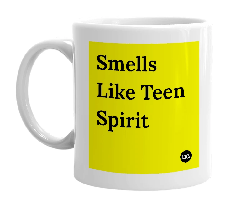 White mug with 'Smells Like Teen Spirit' in bold black letters