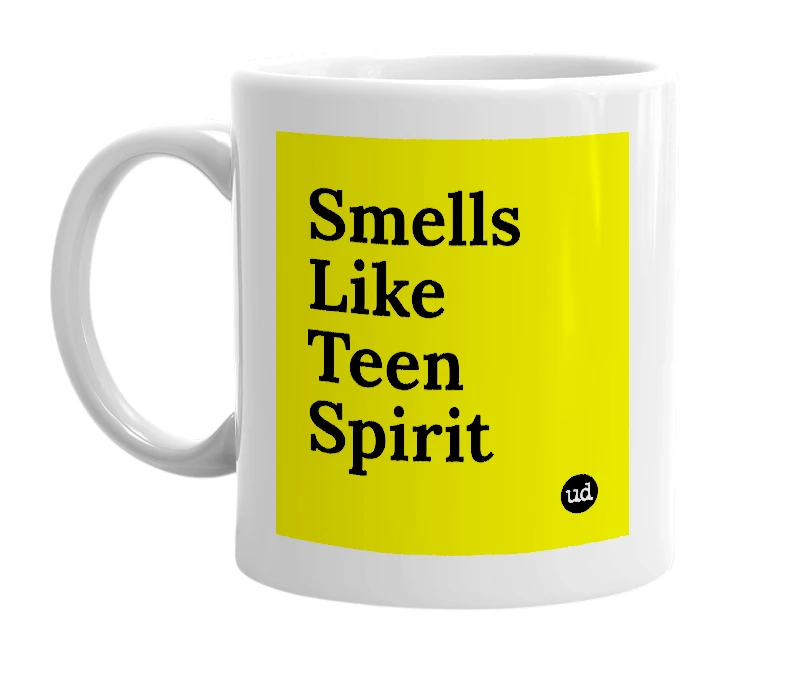 White mug with 'Smells Like Teen Spirit' in bold black letters