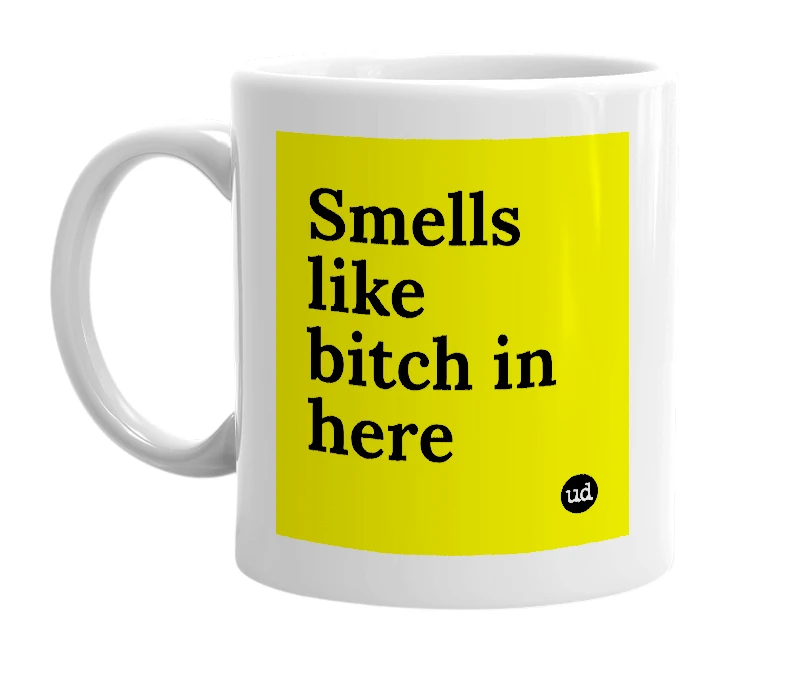 White mug with 'Smells like bitch in here' in bold black letters
