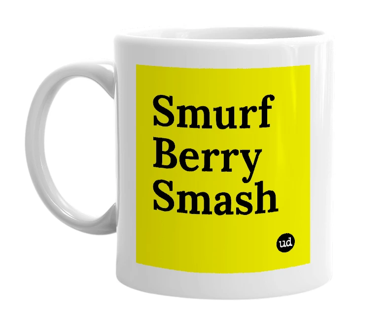 White mug with 'Smurf Berry Smash' in bold black letters