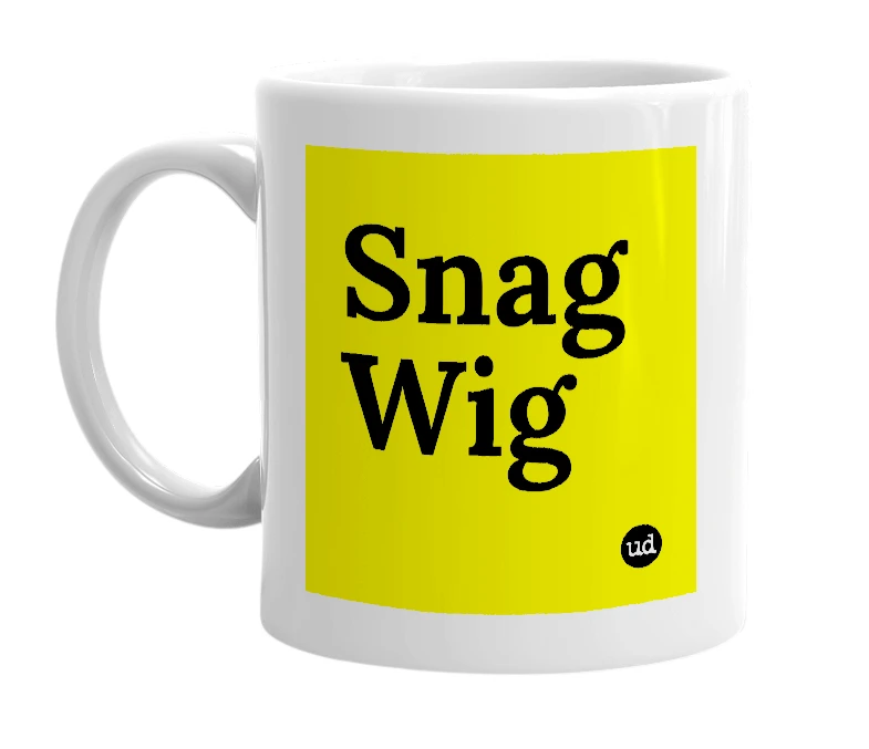 White mug with 'Snag Wig' in bold black letters