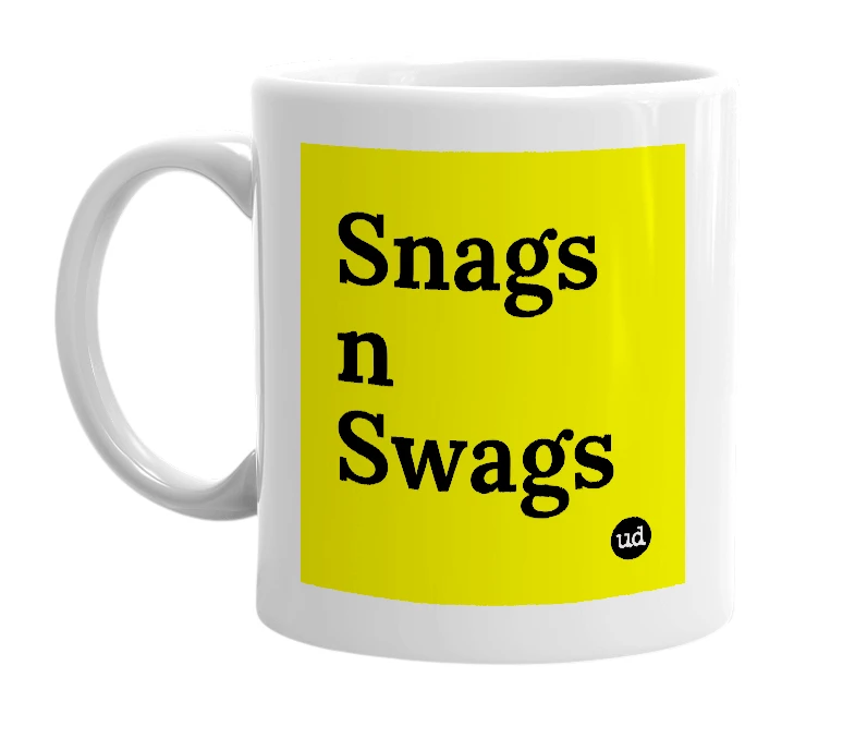 White mug with 'Snags n Swags' in bold black letters