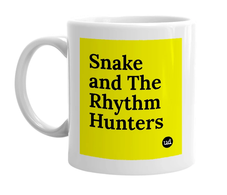 White mug with 'Snake and The Rhythm Hunters' in bold black letters