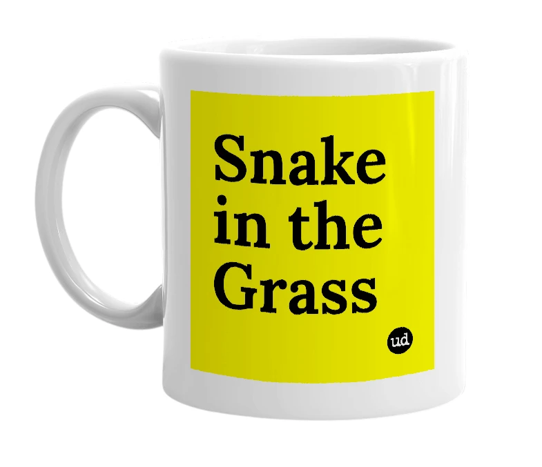 White mug with 'Snake in the Grass' in bold black letters