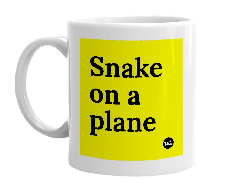 White mug with 'Snake on a plane' in bold black letters