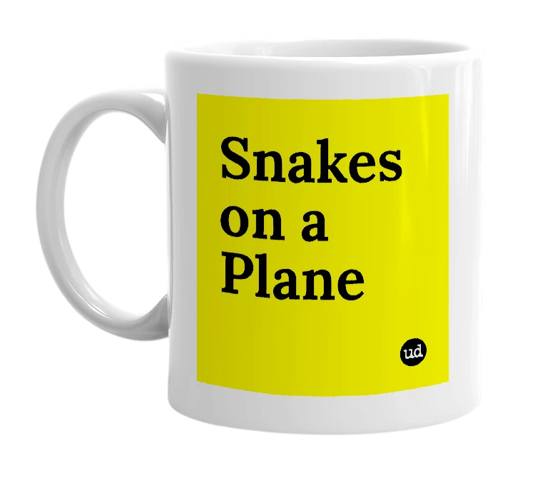 White mug with 'Snakes on a Plane' in bold black letters