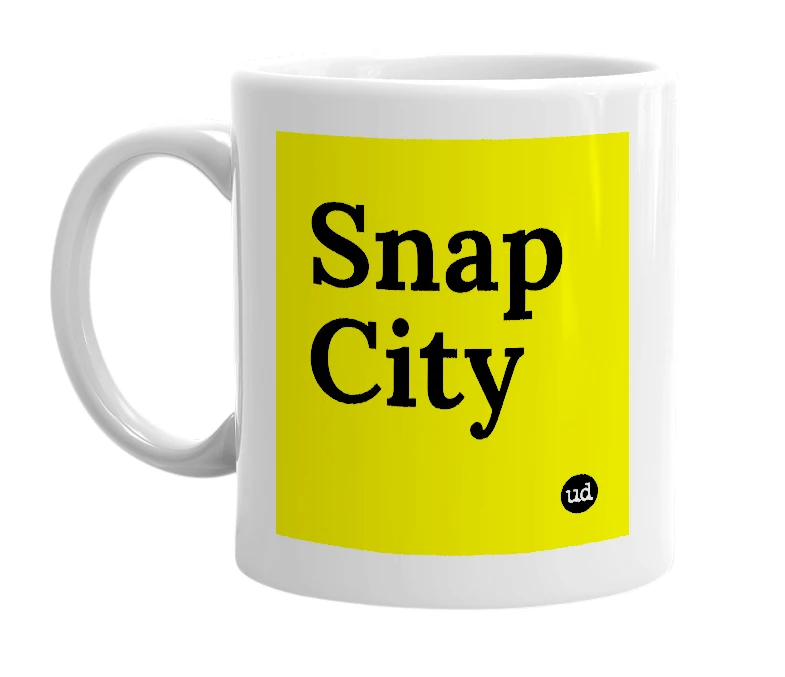White mug with 'Snap City' in bold black letters