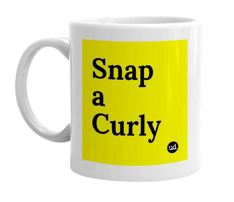 White mug with 'Snap a Curly' in bold black letters