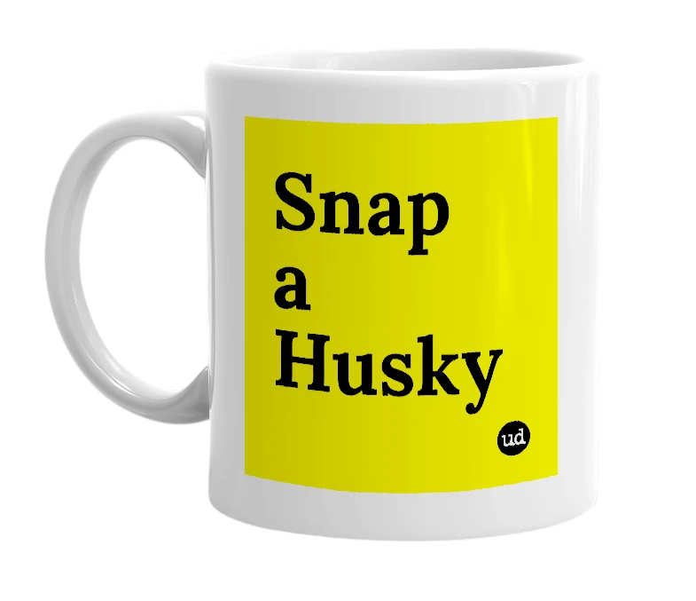 White mug with 'Snap a Husky' in bold black letters