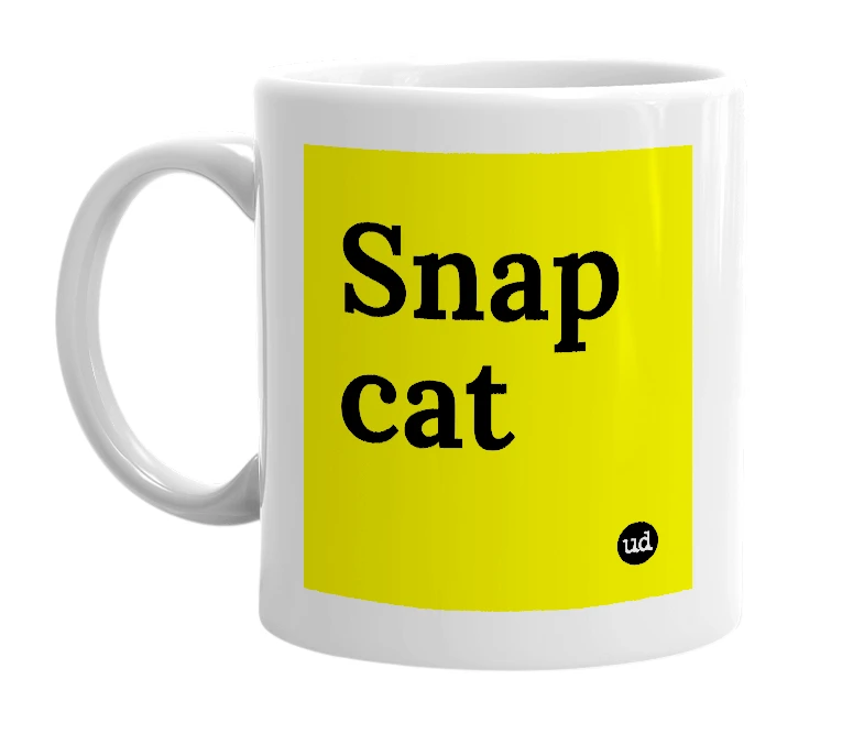 White mug with 'Snap cat' in bold black letters
