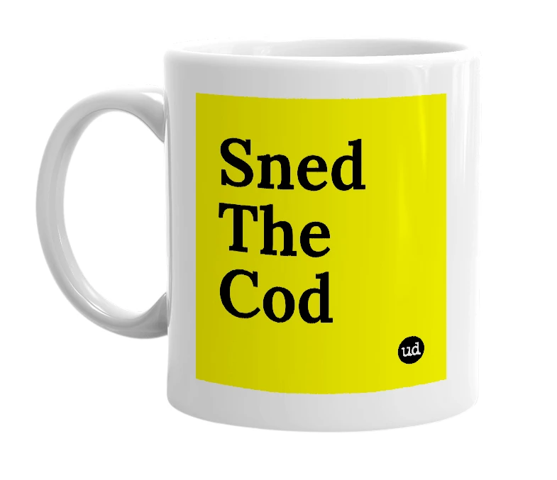 White mug with 'Sned The Cod' in bold black letters