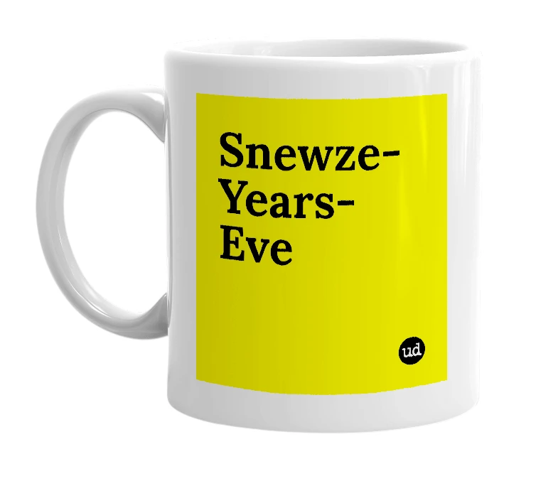 White mug with 'Snewze-Years-Eve' in bold black letters