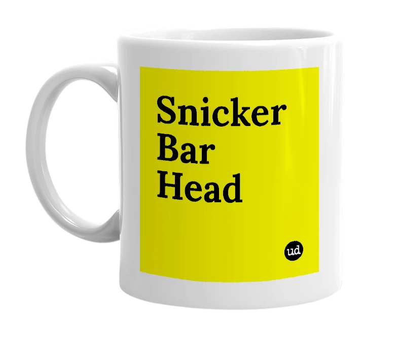 White mug with 'Snicker Bar Head' in bold black letters