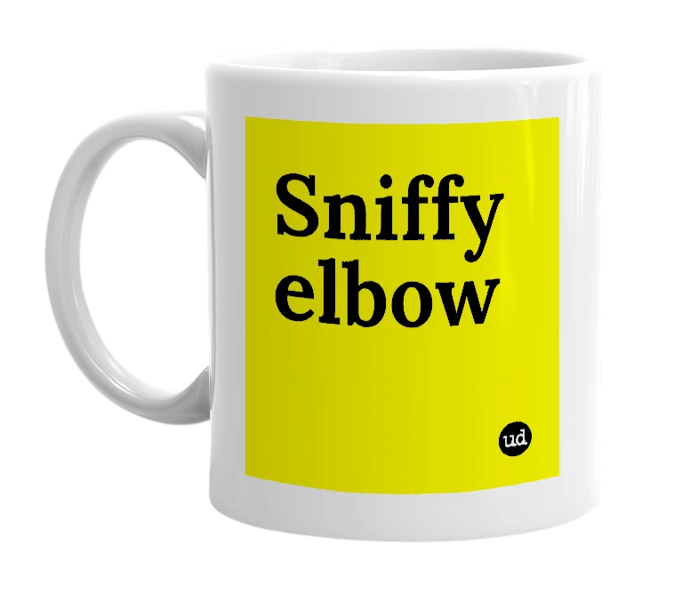 White mug with 'Sniffy elbow' in bold black letters