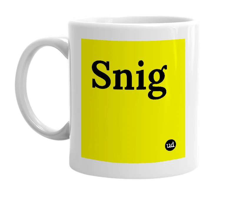 White mug with 'Snig' in bold black letters