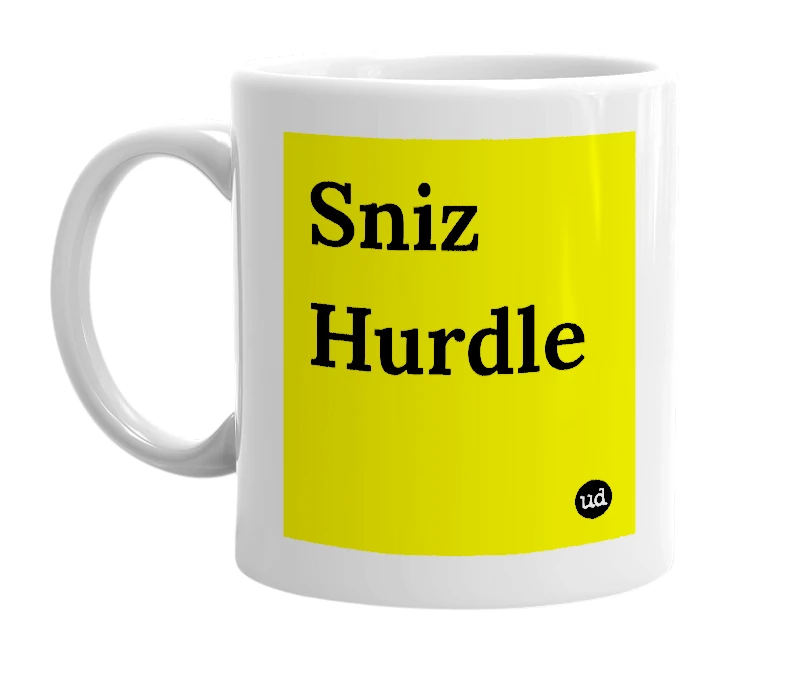 White mug with 'Sniz Hurdle' in bold black letters