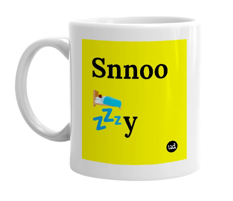 White mug with 'Snnoo🛌💤y' in bold black letters