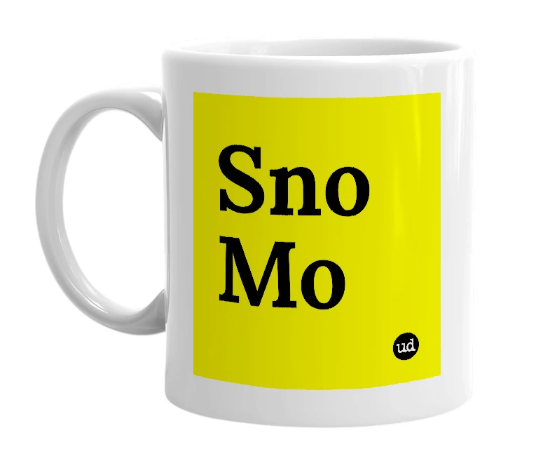 White mug with 'Sno Mo' in bold black letters