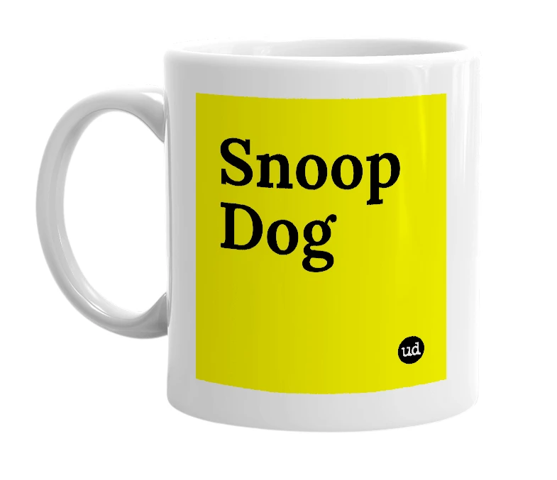 White mug with 'Snoop Dog' in bold black letters