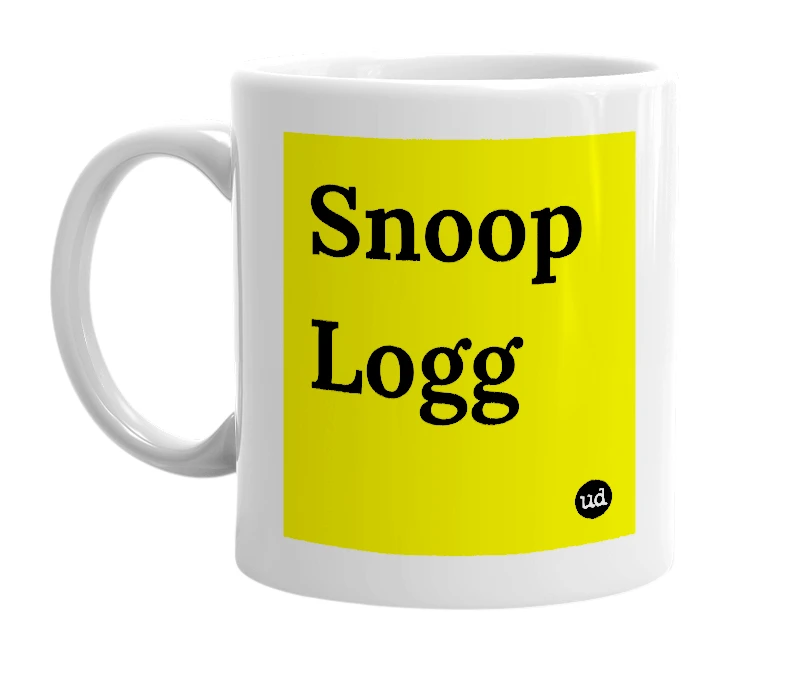 White mug with 'Snoop Logg' in bold black letters