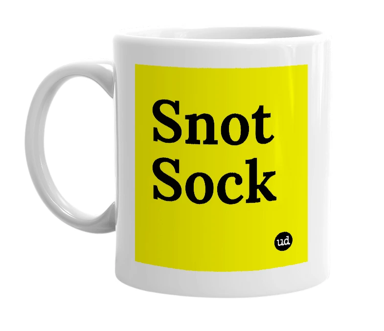White mug with 'Snot Sock' in bold black letters