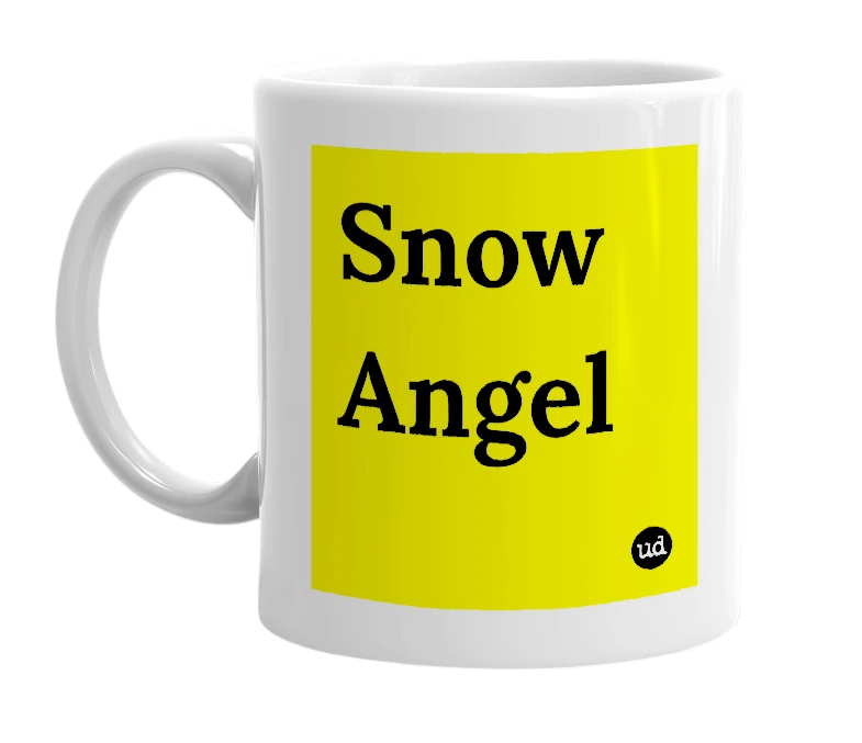 White mug with 'Snow Angel' in bold black letters