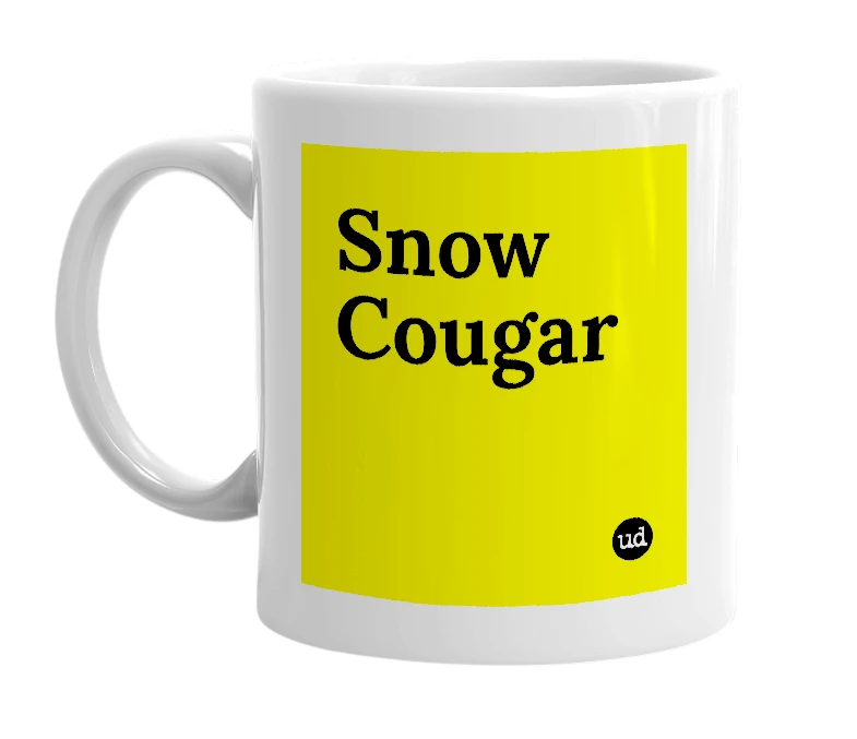 White mug with 'Snow Cougar' in bold black letters