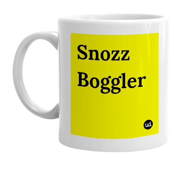 White mug with 'Snozz Boggler' in bold black letters