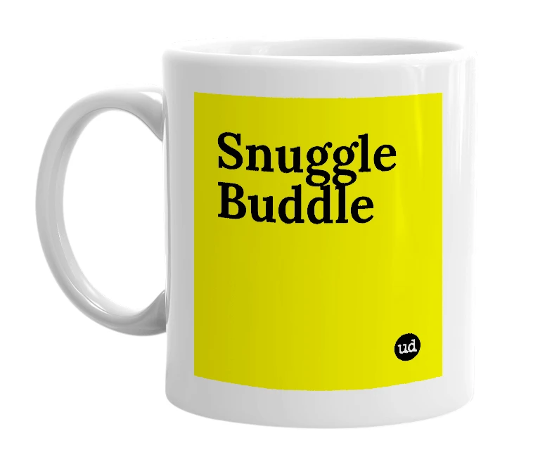 White mug with 'Snuggle Buddle' in bold black letters