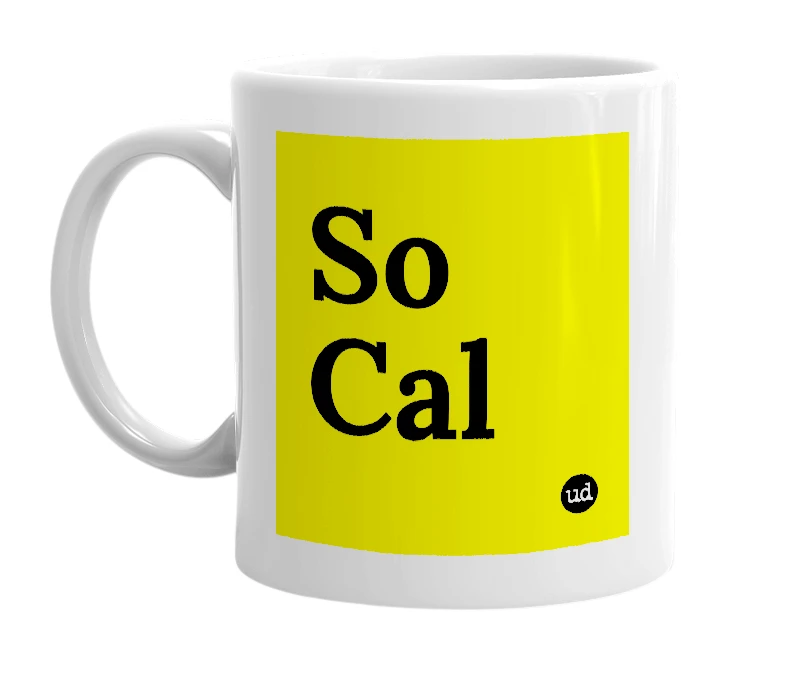 White mug with 'So Cal' in bold black letters