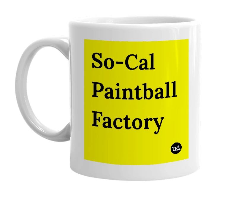 White mug with 'So-Cal Paintball Factory' in bold black letters