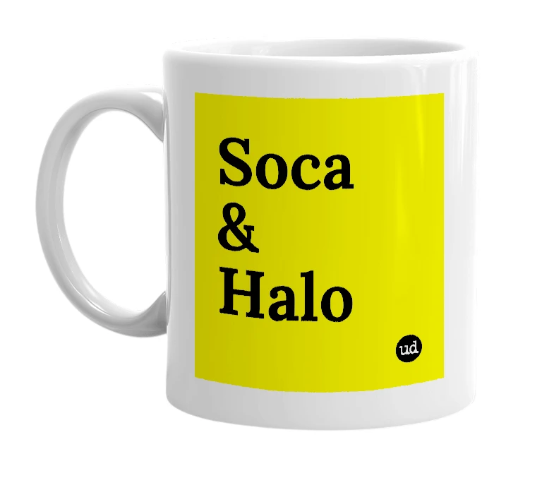 White mug with 'Soca & Halo' in bold black letters