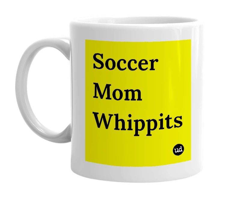 White mug with 'Soccer Mom Whippits' in bold black letters