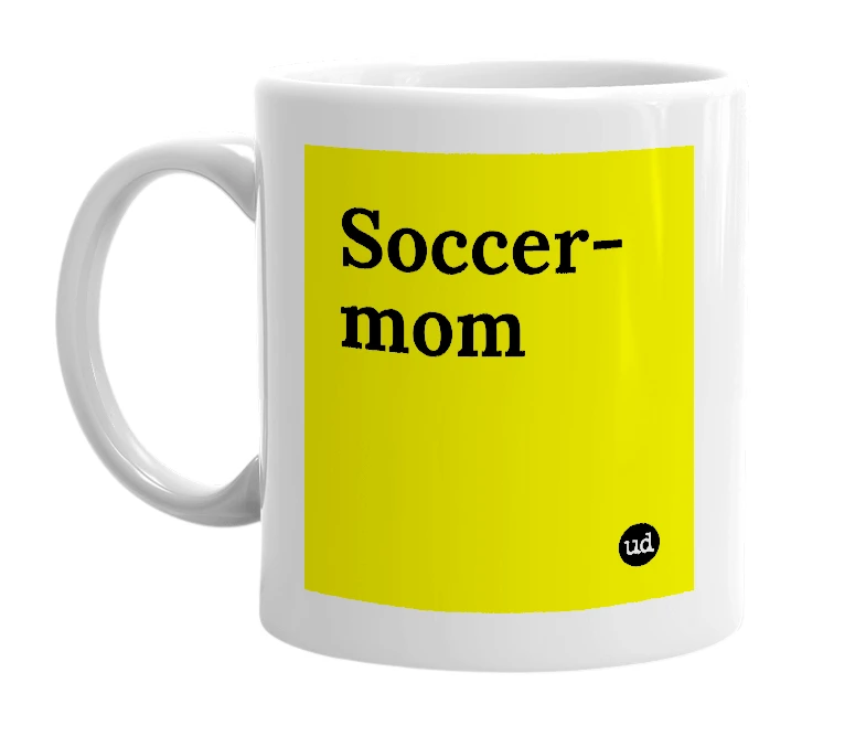 White mug with 'Soccer-mom' in bold black letters