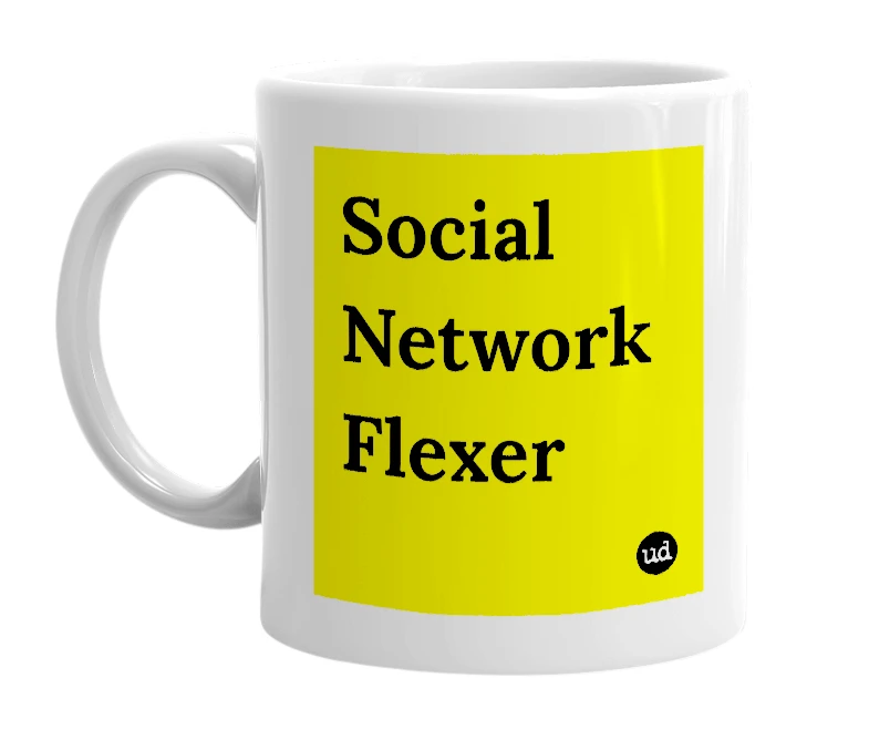 White mug with 'Social Network Flexer' in bold black letters