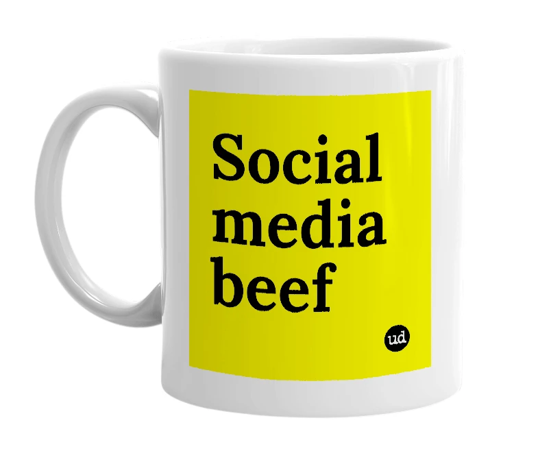 White mug with 'Social media beef' in bold black letters