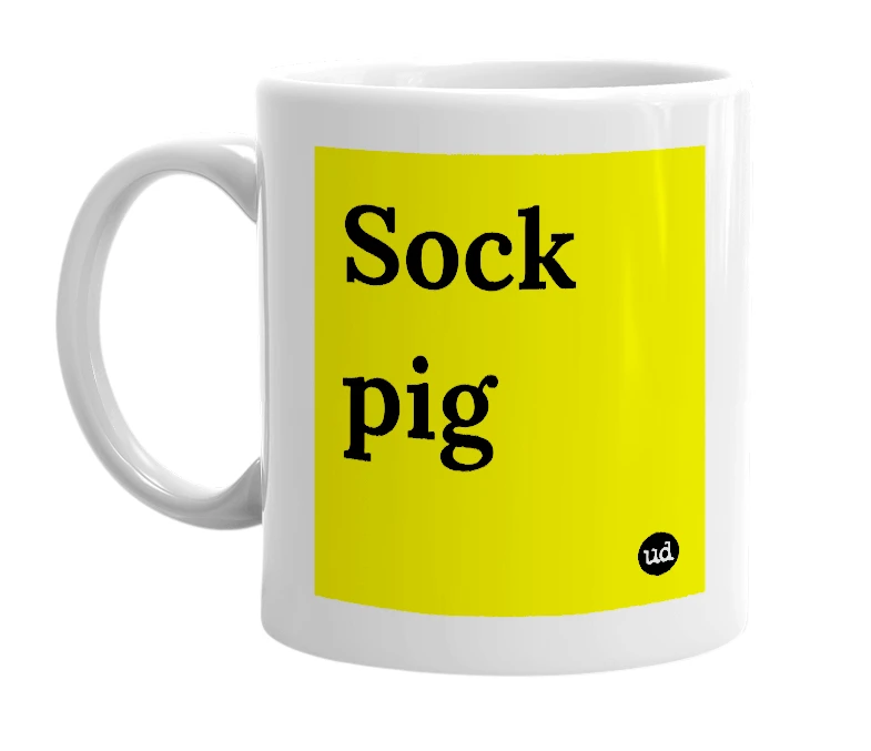 White mug with 'Sock pig' in bold black letters