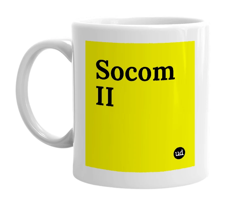 White mug with 'Socom II' in bold black letters