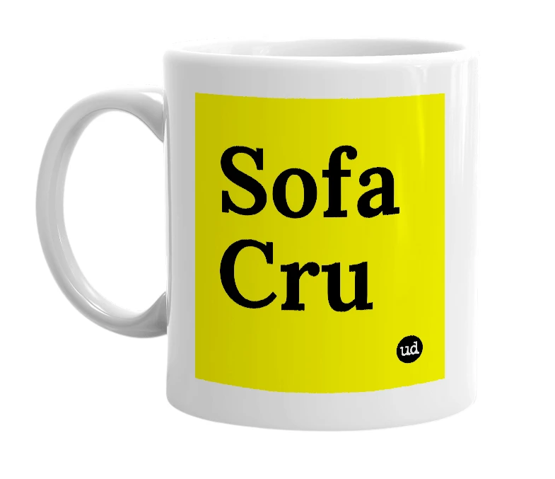 White mug with 'Sofa Cru' in bold black letters