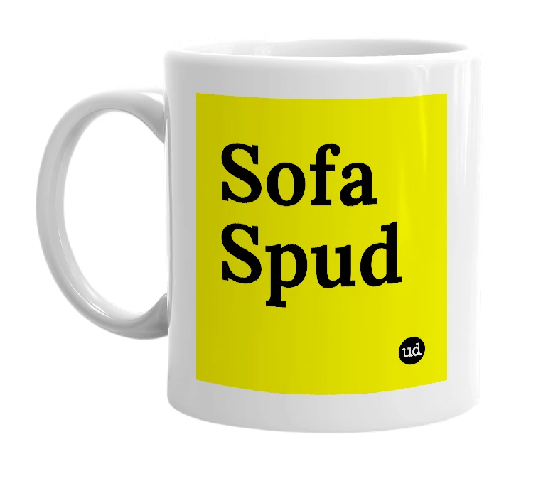 White mug with 'Sofa Spud' in bold black letters