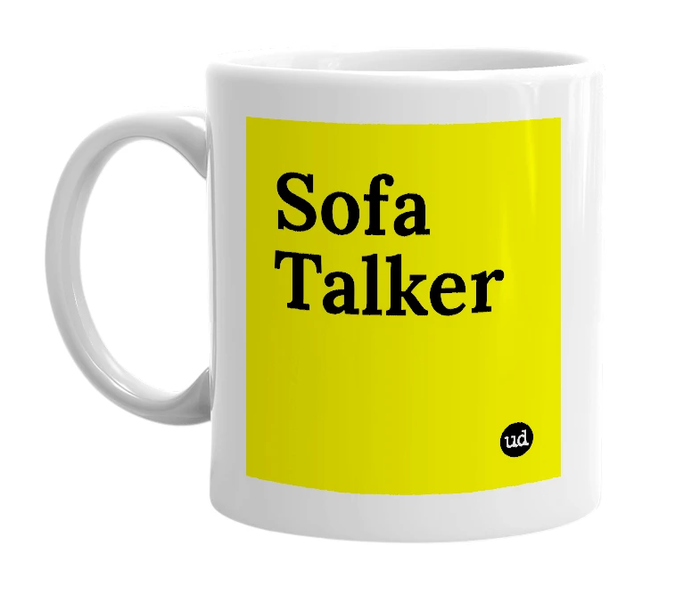 White mug with 'Sofa Talker' in bold black letters